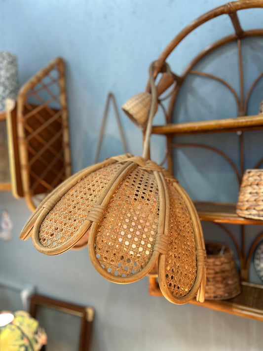 Lampe suspension en rotin et cannage vintage